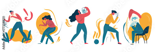 Mental health stress anxiety burnout depression emotional struggle abstract colorful flat vector illustration set with diverse people in dynamic poses fighting psychological issues