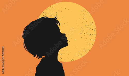 Silhouette profile of little child looking up with textured yellow sun on orange background minimalist flat vector illustration