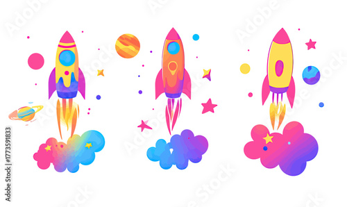 Three colorful cartoon rockets launching with vibrant gradient smoke clouds, stars, and planets in flat minimalist vector style on white background