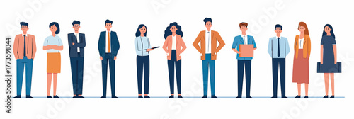 Diverse professional business people standing in row team unity partnership office colleagues group flat vector illustration minimal design