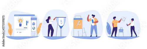 Professional goal setting and achievement process with diverse people planning objectives, teamwork, and project presentation in flat minimalist style vector illustration