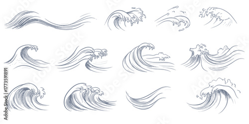 Hand drawn wave line art set with ocean water splash curling sea waves in minimalist flowing ink sketch style vector illustration collection
