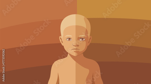 Illustration of a young child with light skin against a layered brown background with serious expression