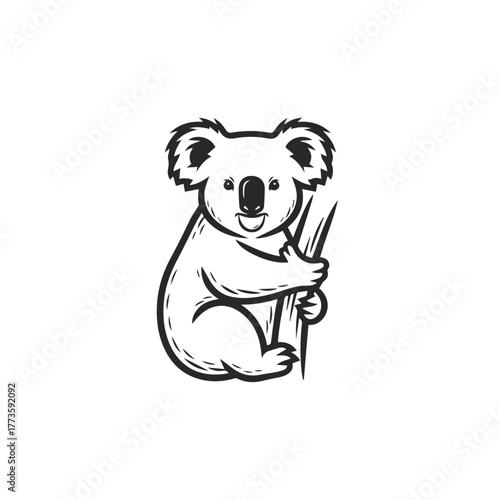 Adorable smiling koala illustration black and white line art clinging to a tree branch with textured fur.