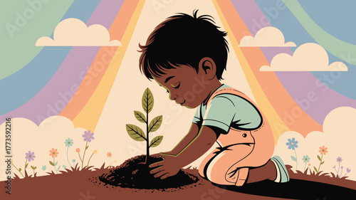 Illustration of a boy planting a tree with a rainbow and clouds in the background art style