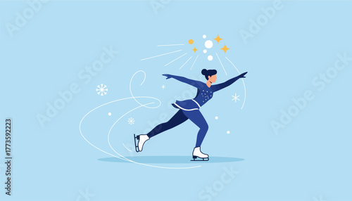 A majestic figure skater glides across an ice rink leaving delicate patterns on the surface while bright lights shimmer above.