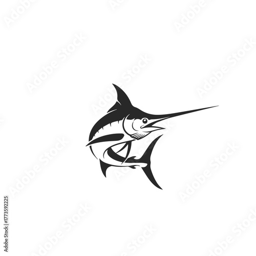 Dynamic black marlin fish illustration stylized graphic design with sharp bill and powerful fins.