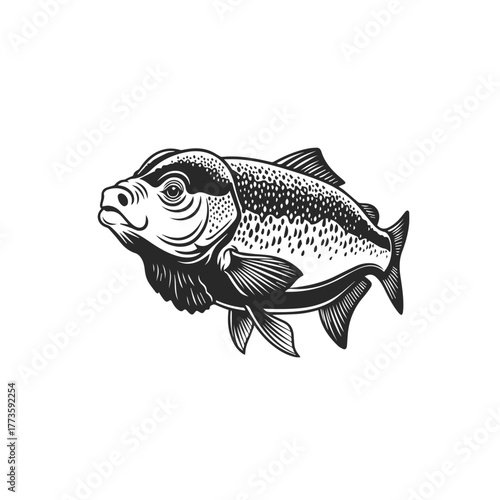 Engraved style fish illustration black and white featuring textured scales prominent fins and a dynamic swimming pose.
