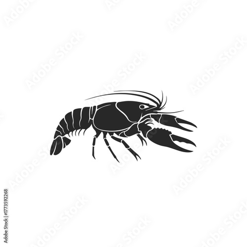 Graphic black silhouette of a freshwater crayfish side view showing segmented body and claws.