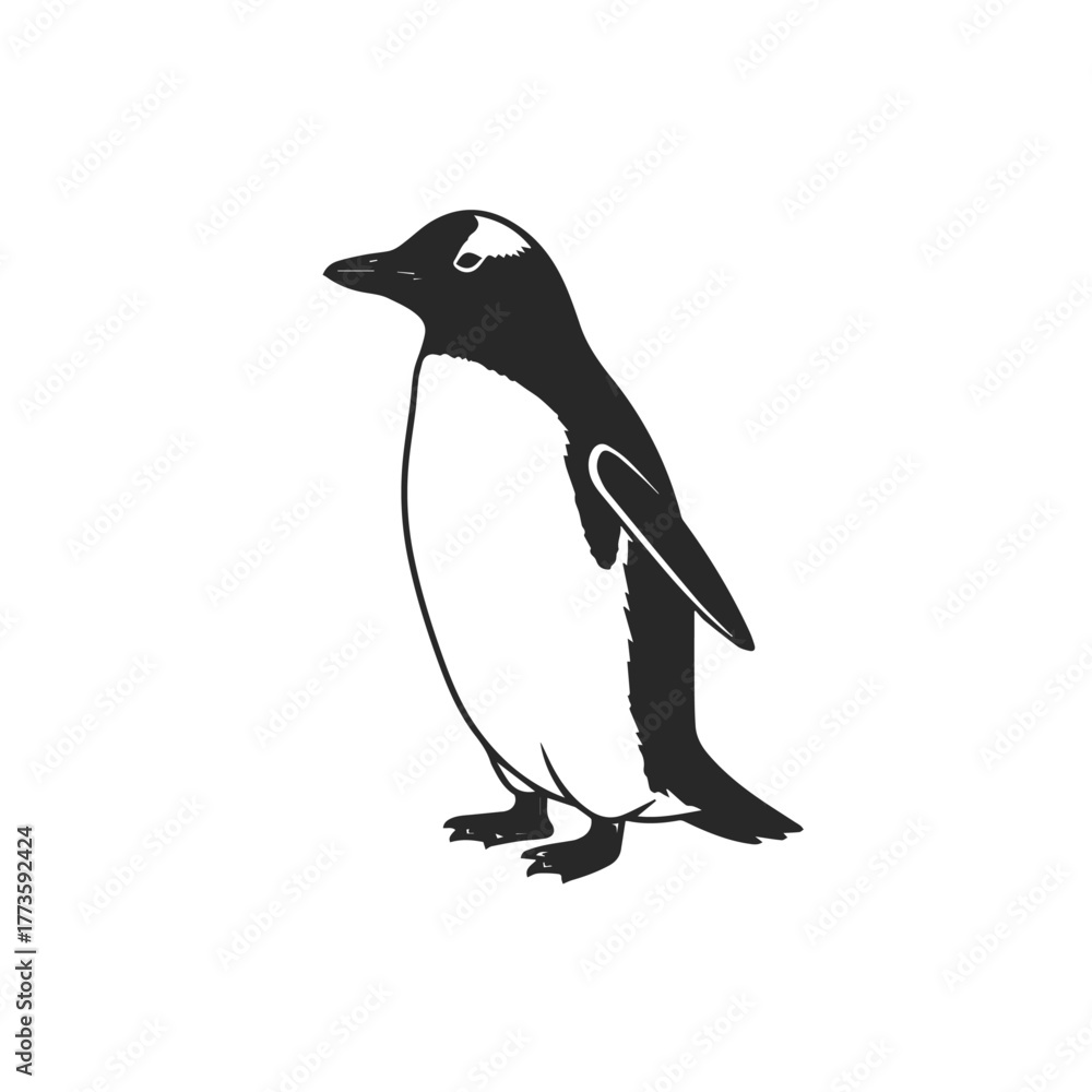 Obraz premium Stylized Black and White Graphic Penguin Illustration Standing Upright in Profile.