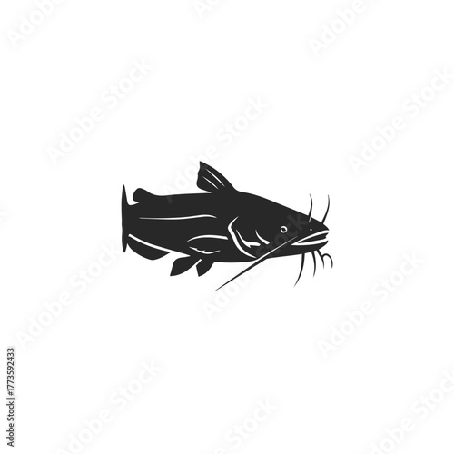 Stylized black catfish silhouette vector illustration side view featuring prominent barbels.