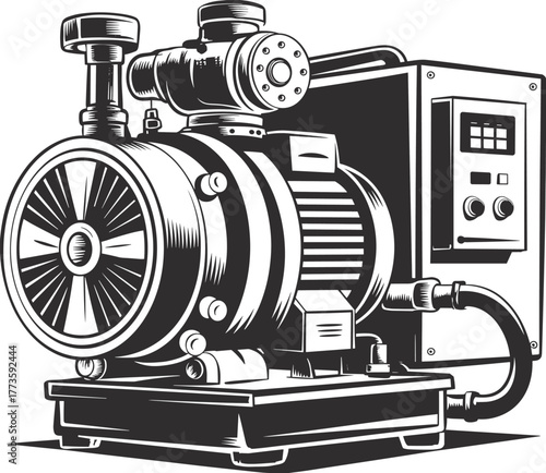 High-performance industrial electric motor and pump system illustration, vintage style mechanical equipment, vector engineering design, black and white drawing