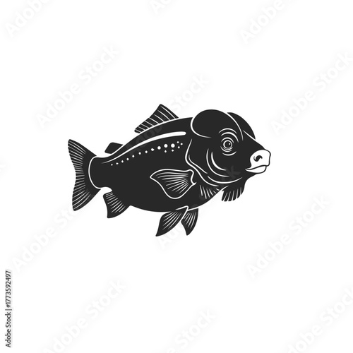 Unique graphic illustration of a dark fish creature with a distinctive piglike snout and detailed fins.