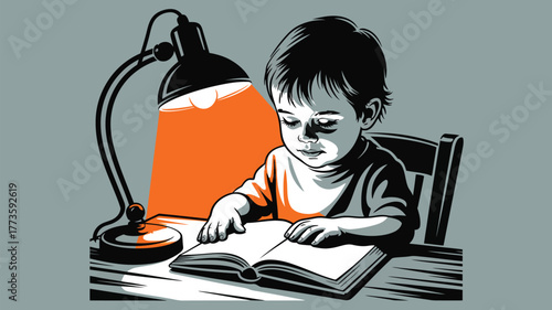 Illustration of a child reading a book under a lamp with an orange glow on a gray background