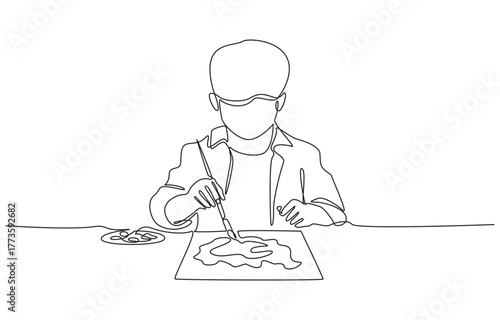 Continuous one line drawing of young boy painting, expressing creativity and imagination, single line art.
