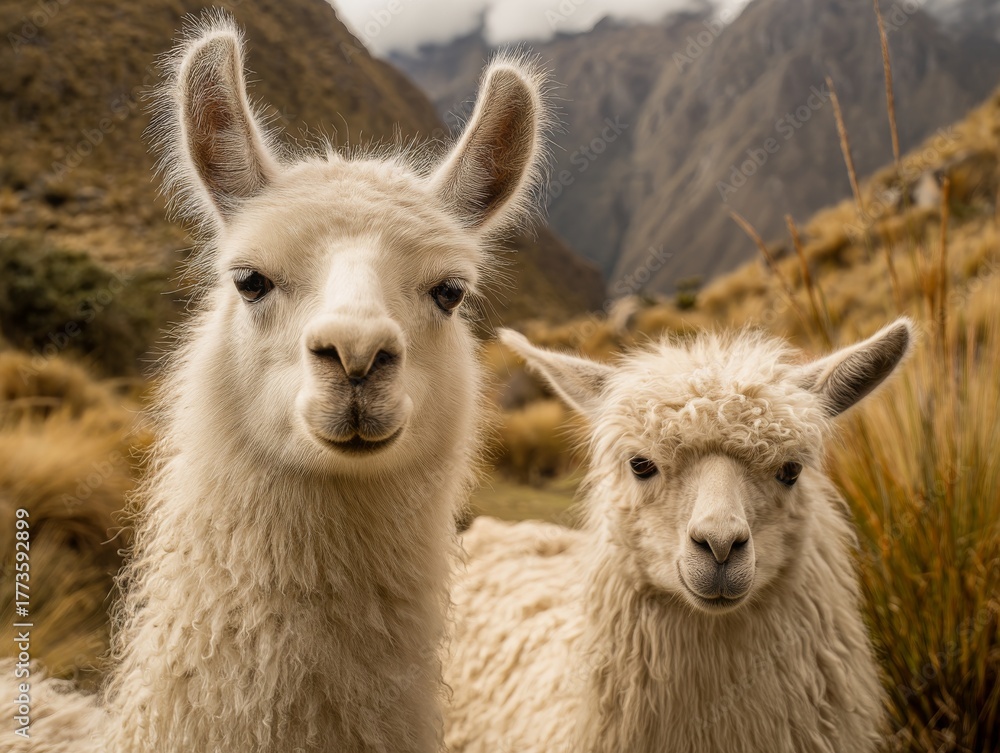 Naklejka premium Two llamas portrait in Andean mountains scenery in the daytime outdoors