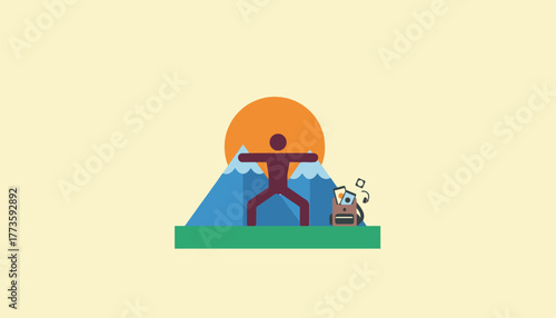 A sunrise view from a mountainside capturing an individual practicing yoga with a backpack containing gadgets left behind on the ground.