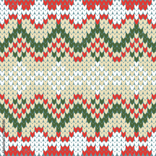 Festive Christmas knit pattern background featuring a traditional Fair Isle design in red, green, white, and beige tones. This cozy winter texture evokes the warmth of handmade sweaters and holiday.