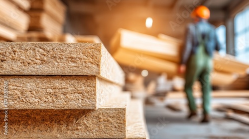 OSB boards stacked in warehouse with blurred worker carrying lumber