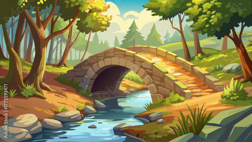 vector of an ancient stone bridge across small stream, trees around, sunlight reflections, nostalgic countryside calm