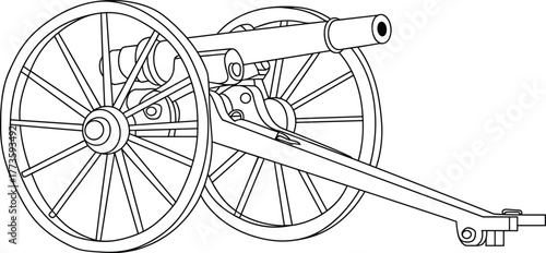 Historic cannon with large wooden wheels, vintage artillery piece, old military weapon, battlefield equipment, war cannon, line art drawing vector