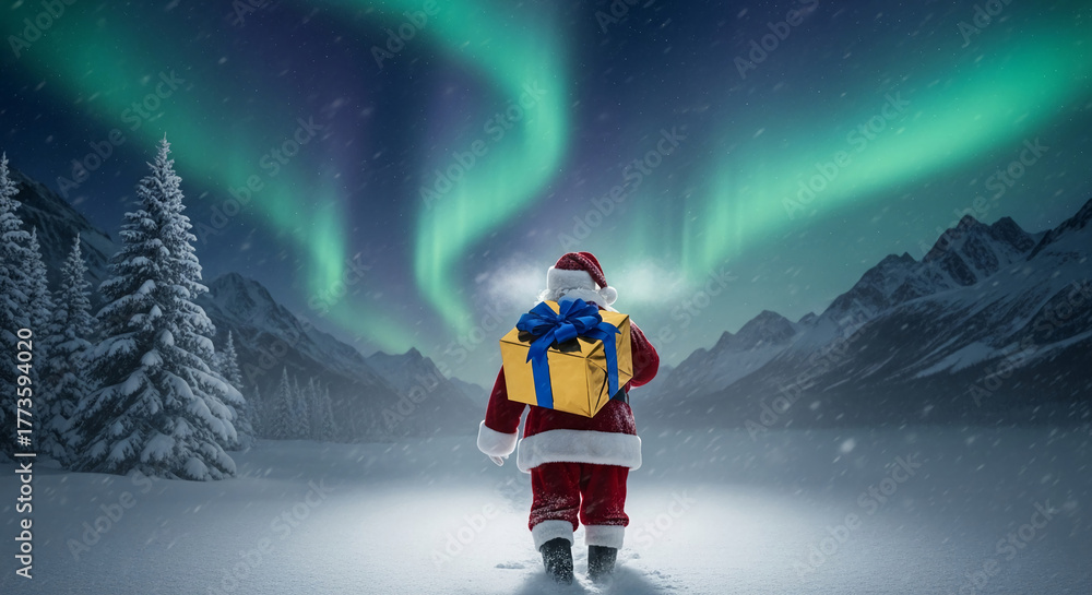 Naklejka premium Rear view of person in red suit with present under aurora sky, snowy field, evergreen tree, mountains in winter, holiday celebration spirit