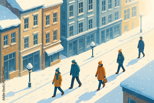 Winter city street scene with people walking in snowy weather