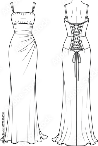 Fashion technical dress sketch, strappy maxi gown front and lace up back, fitted silhouette, vector flat drawing, CAD apparel design illustration