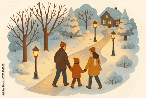 Family stroll in winter wonderland at night near cozy snow-covered house