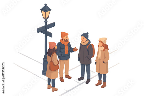 Group of young adults in winter clothing conversing near streetlamp