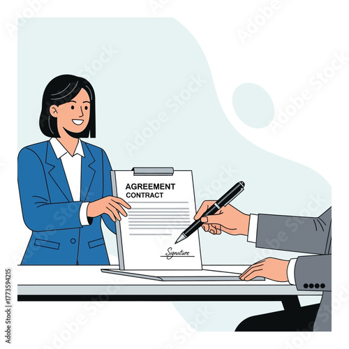 Businesswoman presenting an agreement contract a businessman signing the document with a pen vector illustration for business and legal concepts