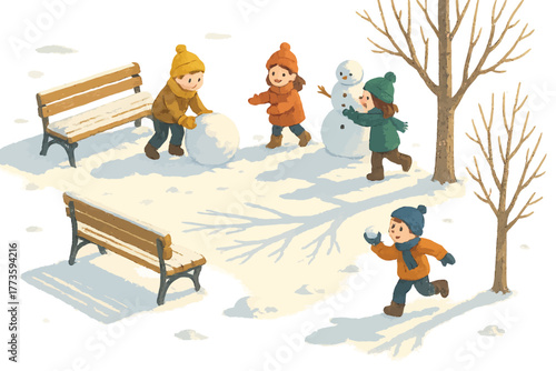 Children playing in snowy park with snowmen and trees