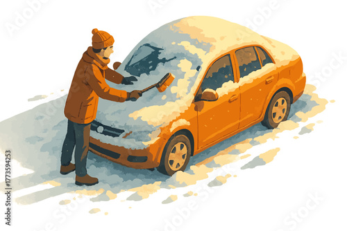 Young caucasian male clearing snow from orange car in winter scene