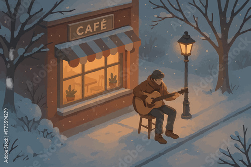 Young adult male playing guitar outside cozy snow-covered café at night