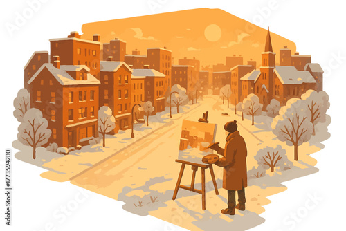 Male artist painting winter cityscape at sunset in snow-covered town
