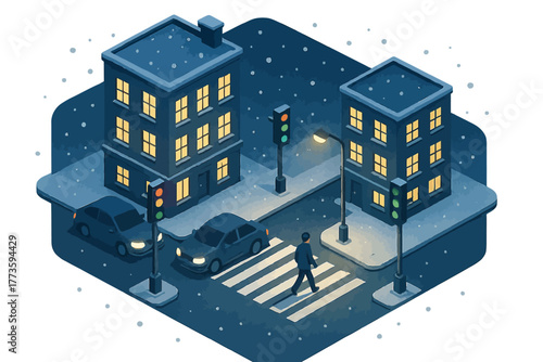 Snowy night cityscape with pedestrian crossing at traffic light intersection