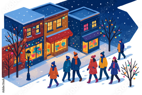 Festive winter night: people strolling in snowy town with christmas lights