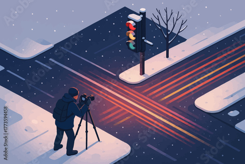 Winter night cityscape with photographer capturing snowy intersection scene