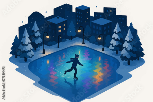 Young male skater gliding on illuminated ice in winter night urban setting with pine trees