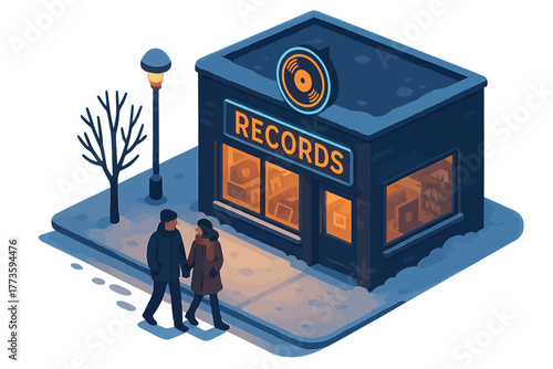 Record storefront at night with caucasian couple passing by in winter scene
