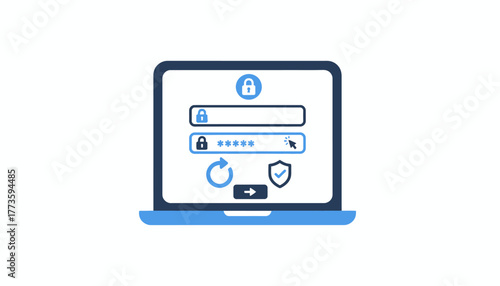 A laptop screen displaying a secure login page with fields for username and password emphasizing cybersecurity measures.