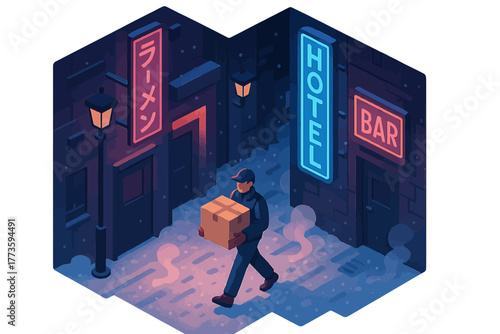 Night delivery: worker walking in neon-lit alley with package