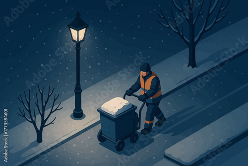 Nighttime snow removal: asian male worker clears sidewalk in winter scene