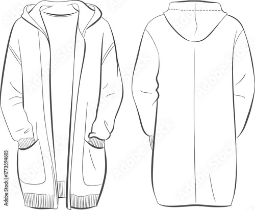 Hooded cardigan flat sketch, front and back view, technical fashion illustration, cozy outerwear drawing, vector apparel design, sewing template