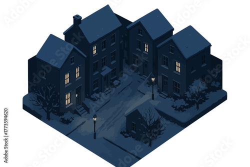 Cozy snowy evening in a small town neighborhood with warmly lit windows