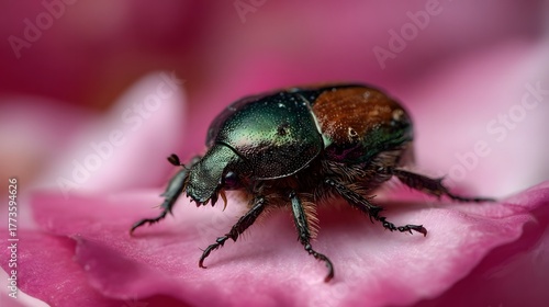 Wallpaper Mural A ro shot of a metallic green and bronze beetle resting on a delicate pink rose petal Torontodigital.ca