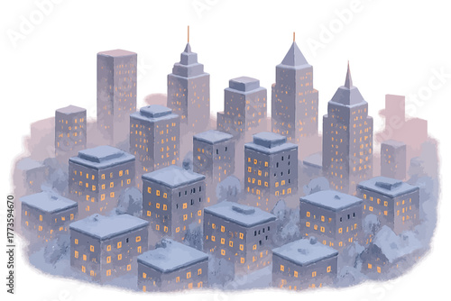 Snow-covered cityscape at dusk with glowing windows and foggy atmosphere