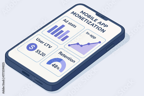 Mobile app monetization dashboard displaying ad stats, in-app purchases, user ltv, and retention rates