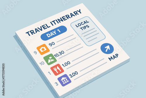 Day 1 travel itinerary with activities and local tips on blue background