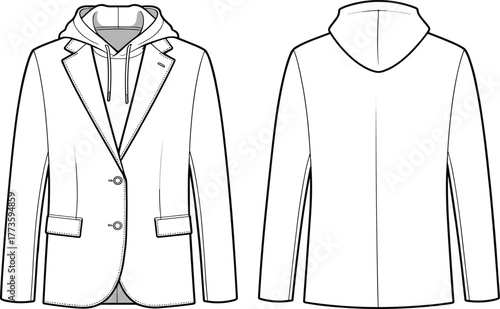 Hooded blazer jacket fashion sketch, men’s layered coat design, flat technical drawing, vector template front and back view
